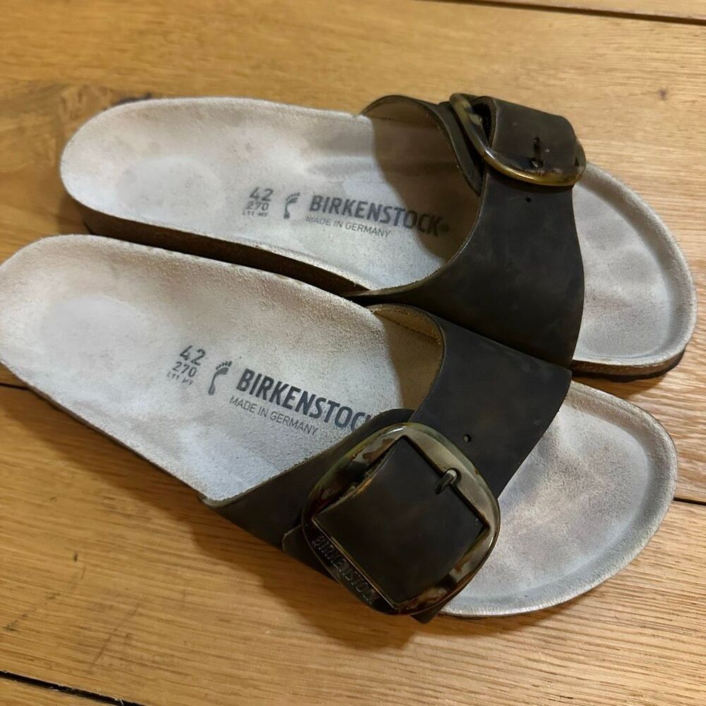 Birkenstock Single Strap Sandals in Dark Brown with Brass Buckles - Picture 2 of 9